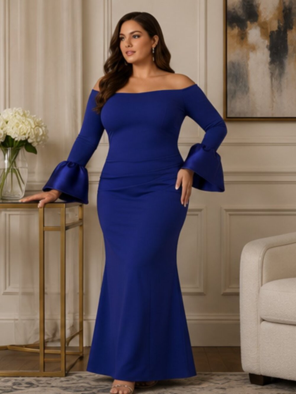 Betsy & Adam Plus Size Scuba Bell-Sleeve Gown Indigo Size 16W NWT Maxi Dress